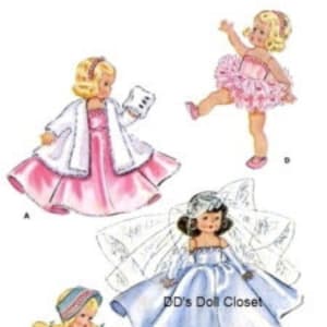 以下が含まれることがあります： 人形の服を作るためのヴィンテージな人形のパターンが5つあります。パターンには、白いコートを着たピンクのドレス、ピンクのバレリーナの衣装、青いウェディングドレス、青と白のセーラー服、赤と白のパジャマが含まれています。