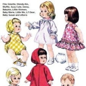 May include: A vintage sewing pattern for making doll clothes. The pattern includes instructions for making a variety of outfits, including a dress, a coat, a jumpsuit, and a diaper. The pattern is designed to fit dolls such as Ginette, Wendy-Kin, Muffle, Suzy Cute, Ginny, Babykin, Little Women, Baby Marie, Little Me, Lil Dear, Baby Susan, and others. The pattern is from DD's Doll Closet.