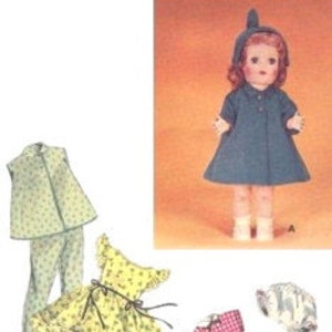 May include: A set of doll clothes for a small doll, including a yellow dress with a white trim, a blue coat with a hood, a red and white gingham dress, and a pair of green pyjamas.