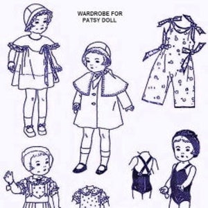 May include: A set of paper doll clothes for a Patsy doll. The set includes a dress, a coat, a swimsuit, a pair of dungarees, and a hat.