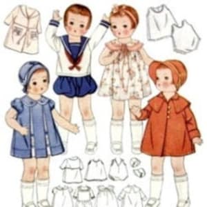 May include: A set of vintage doll clothes patterns featuring a sailor outfit, a dress with a floral print, a coat, and a hat. The patterns are printed on white paper with black ink.