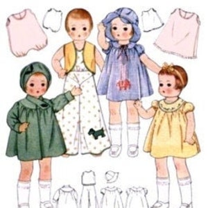 May include: A set of vintage doll clothes patterns featuring four different outfits for a doll. The patterns include a dress, a coat, a vest, pants, and a hat. The patterns are printed on paper and are in black and white.