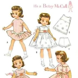 May include: Vintage Betsy McCall doll dress patterns. The image shows illustrations of the doll in various outfits, including dresses and a coat. The designs are in pink and white, with lace and bow details. The text "it's a Betsy McCall" is at the top.