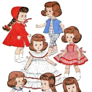 May include: Illustration of seven vintage dolls in various outfits. The dolls have brown hair and are wearing dresses, a coat with a hood, and a jacket with pants. The dresses are in red, pink, blue, and white with polka dots and floral patterns. The text "DD's Doll Closet" is visible.
