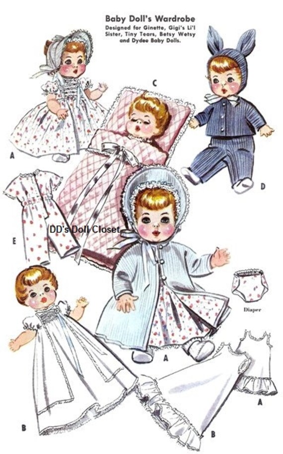 Vtg 1950s Baby Doll Clothes Pattern ~ 11/" 12/" Tiny Tears Betsy Wetsy Dy Dee