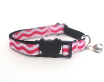 Wavy Pink Breakaway Cat Collar with Bell - Pink and White Thin Adjustable Kitty Collar for Girls