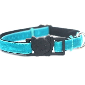 Turquoise Velvet Cat Collar Soft Luxury Breakaway Safety Cat Collar with Bell Ocean Teal, Thin Adjustable Kitty Collar image 1