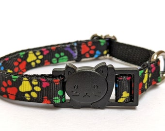 Colorful Pawprints Cat Collar - Breakaway Safety Collar with Bell - 3 Sizes, Adjustable, Thin & Lightweight