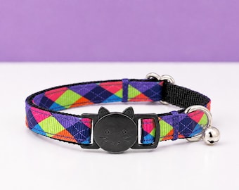 Colorful Diamonds Cat Collar | Breakaway Collar + Bell | Purple, Pink, Lime Green, Blue