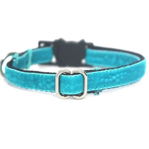 Turquoise Velvet Cat Collar Soft Luxury Breakaway Safety Cat Collar with Bell Ocean Teal, Thin Adjustable Kitty Collar image 2