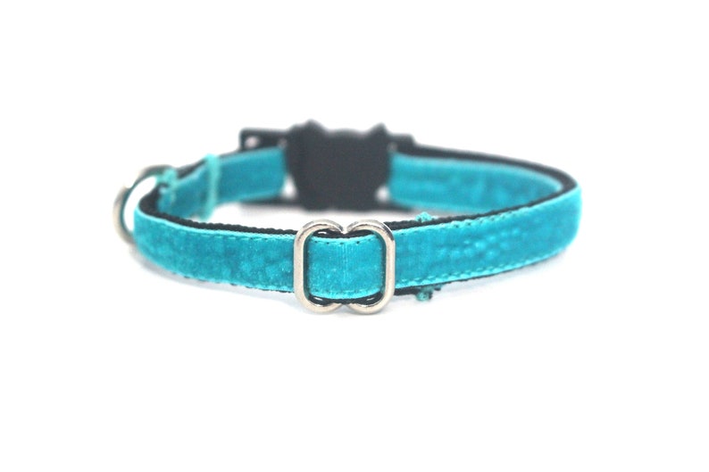 Turquoise Velvet Cat Collar Soft Luxury Breakaway Safety Cat Collar with Bell Ocean Teal, Thin Adjustable Kitty Collar image 2