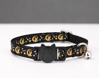 Shiny Cat and Moon Black Cat Collar | Breakaway With Bell
