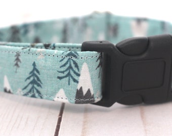Mountains and Trees Dog Collar - Hiking Camping Adventures Fabric Handmade Pet Collar