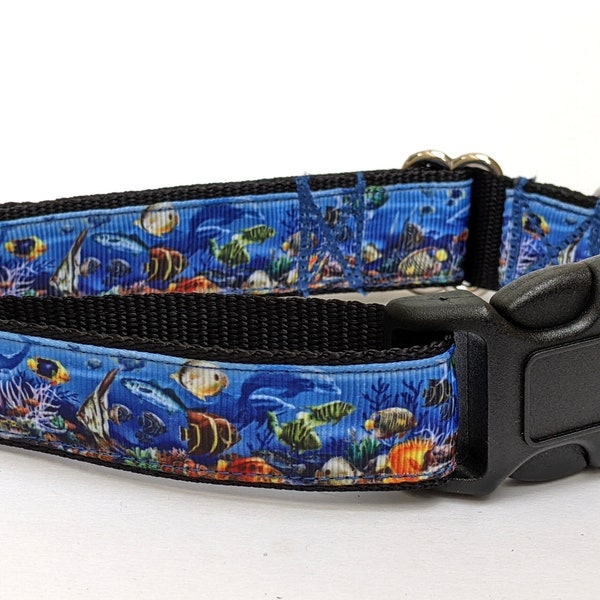 Underwater Ocean Dog Collar - Blue Fish, Coral, Dolphins Pet Collar