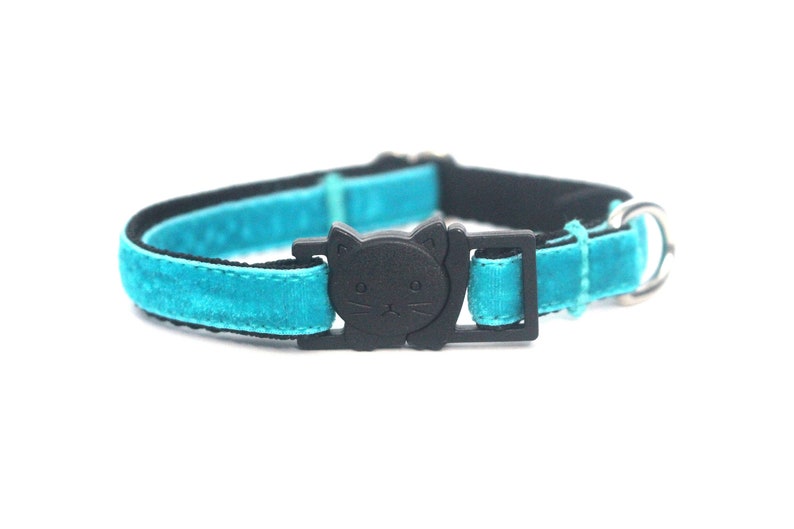 Turquoise Velvet Cat Collar Soft Luxury Breakaway Safety Cat Collar with Bell Ocean Teal, Thin Adjustable Kitty Collar image 1