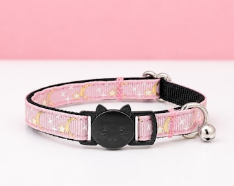 Baby Pink Shiny Moon and Stars Cat Collar | Breakaway Celestial Galaxy Collar + Bell