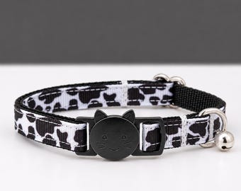 Cow Print Cat Collar - Black and White Western Farm Kitty Breakaway Collar + Bell