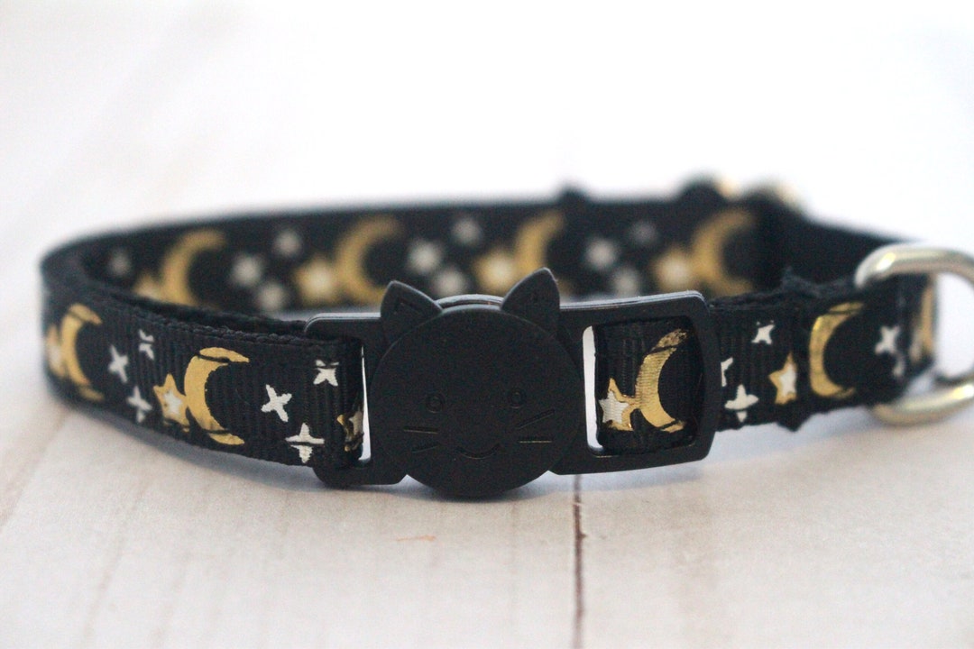 Shiny Moon and Stars Cat Collar Silver and Gold on Black Etsy