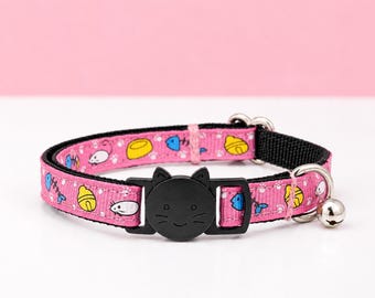 Pink Cat Collar | Mice, Bells, Fish and Pawprints Collar | Breakaway With Bell