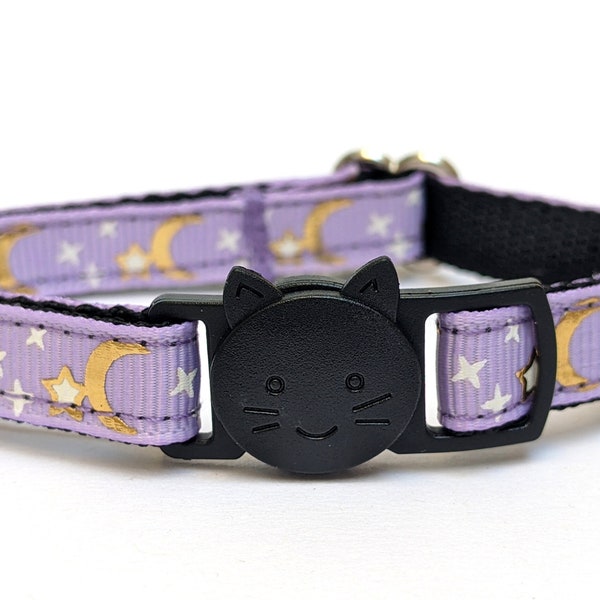 Purple Shiny Stars and Moons Cat Collar - Breakaway Space Kitty Collar With Removable Bell