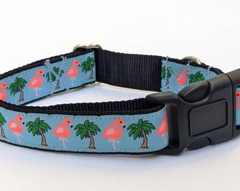 Flamingos and Palm Trees Dog Collar - Island Beach Summer Pet Collar - Handmade and Adjustable