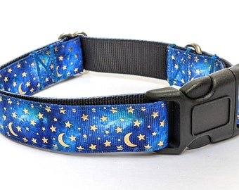 Blue Galaxy Moon and Stars Space Dog Collar - Handmade Adjustable Galactic Collar