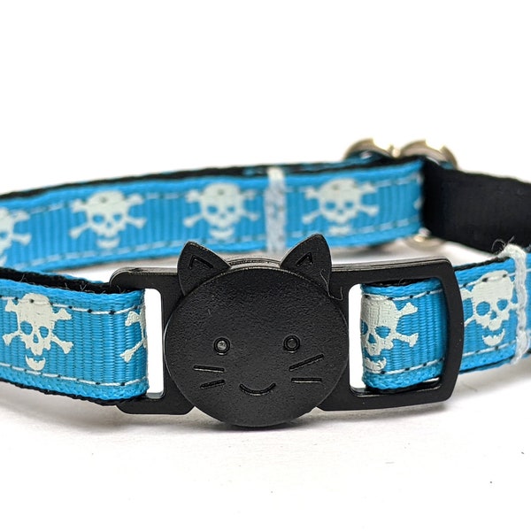 Blue Skulls and Crossbones Cat Collar - Handmade Breakaway Kitty Collar With Removable Bell