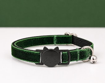 Forest Green Velvet Cat Collar - Soft Breakaway Kitty Collar With Bell