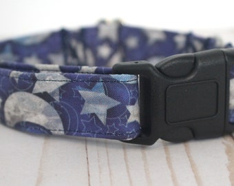 Moon and Stars Dog Collar - Galactic Space Fabric Handmade Navy Blue Pet Collar