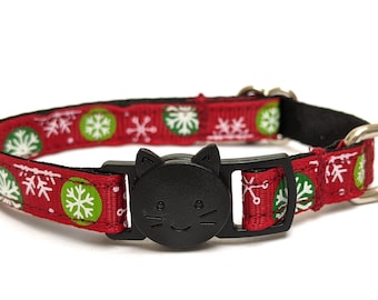 Snowflakes Red Cat Collar - Winter and Christmas Seasonal Breakaway Kitty Collar With Removable Bell