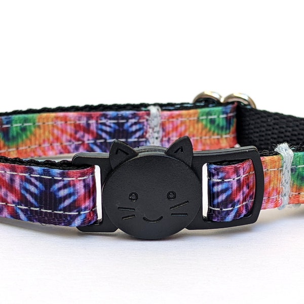 Tie Dye Cat Collar - Rainbow Breakaway Safety Kitty Collar With Bell for Kittens, Large, & Small Cats - Thin, Adjustable and Handmade