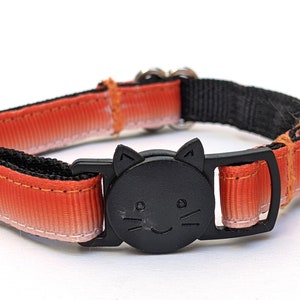 May include: Orange and black cat collar with a safety breakaway buckle and a black plastic cat-shaped buckle.