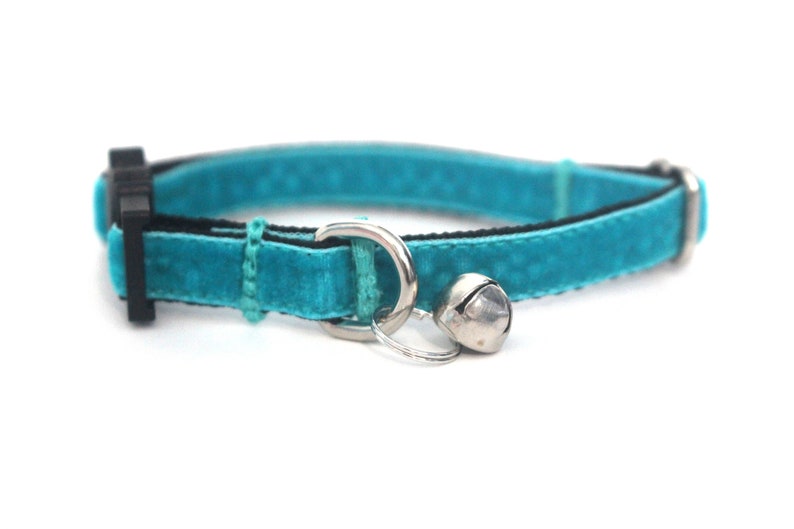 Turquoise Velvet Cat Collar Soft Luxury Breakaway Safety Cat Collar with Bell Ocean Teal, Thin Adjustable Kitty Collar image 4