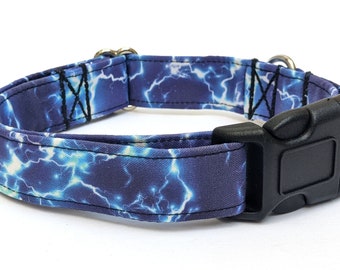 Lightning Fabric Dog Collar - Blue Thunderstorms Night Sky Handmade Pet Collar