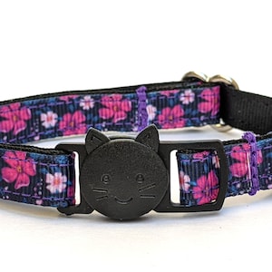 Pink Flowers on Dark Purple Cat Collar - Breakaway Style With Bell for Kittens, Small, and Large Cats