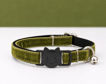 Olive Army Green Velvet Cat Collar - Soft Breakaway Kitty Buckle + Removable Bell