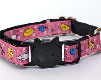 Pink Cat Collar - Mice, Bells, Fish and Pawprints Cute Kitty Collar - Breakaway With Bell