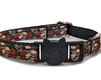 Skulls and Roses Cat Collar - Breakaway Thin Kitty Collar With Bell for Kittens, Small, and Large Cats