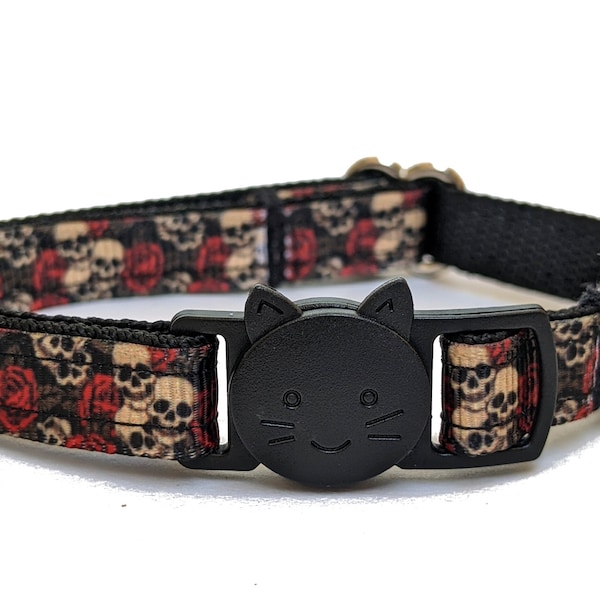 Skulls and Roses Cat Collar - Breakaway Thin Kitty Collar With Bell for Kittens, Small, and Large Cats