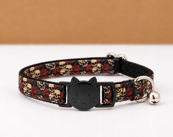 Skulls and Roses Cat Collar - Gothic Skeleton Breakaway Buckle + Bell