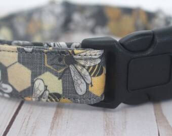 Bees and Flowers Dog Collar - Honeybees, White Flowers, Honeycomb Fabric Pet Collar
