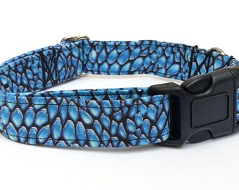 Blue Dragon Scales Fabric Dog Collar - Mystical Black and Blue Pet Collar