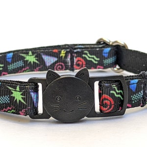 Retro 1980's Cat Collar on Black - Breakaway 80s Style Kitty Collar With Removable Bell