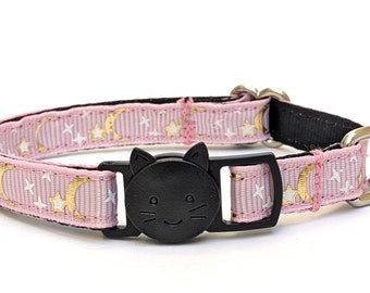 Pink Moon + Stars Cat Collar | Breakaway Cat Collar | New Kitten Gift | Cat Buckle Collar | Galaxy Cat Collar | Adjustable Collar With Bell