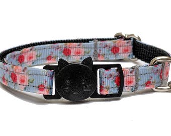 Vintage Floral Cat Collar - Red and Peach Roses Breakaway Collar With Bell for Kittens, Large or Small Cats