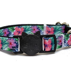 Tropical Ferns and Flowers Cat Collar - Breakaway Safety Collar With Bell for Kittens, Large or Small Cats