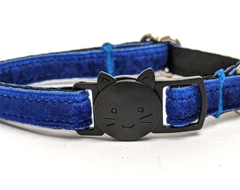 Blue Velvet Cat Collar - Soft Luxury Breakaway Safety Cat Collar with Bell - Thin, Lightweight & Adjustable