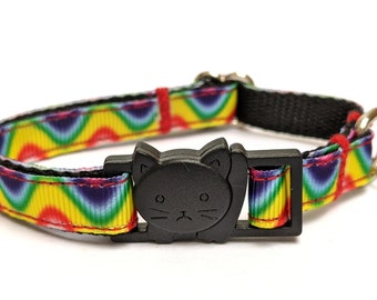 Rainbow Waves Cat Collar - Breakaway Cat Collar with Bell - Thin Adjustable Colorful Kitty Collar