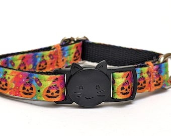 Halloween Jack-O-Lantern Cat Collar - Colorful Rainbow Pumpkins Breakaway Kitty Collar With Removable Bell