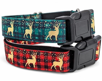 Gold Reindeer Christmas Plaid Dog Collar - Winter Red or Green Holiday Collar